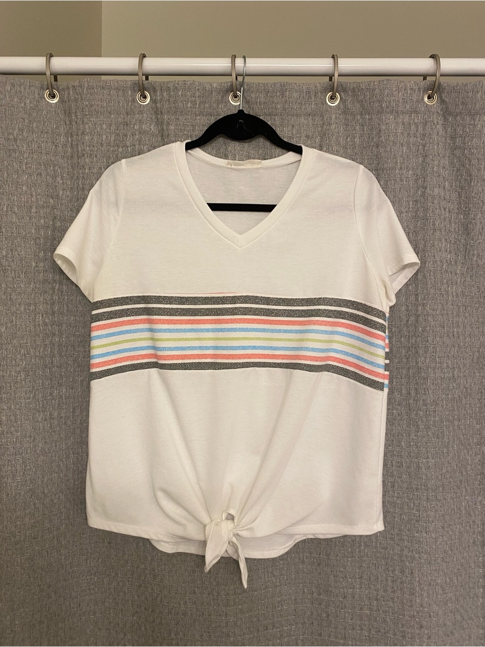 Striped White V-Neck Tie-Front T-Shirt